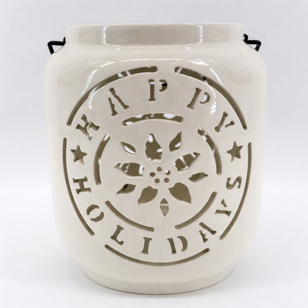 White Ceramic Happy Holidays Lantern Candle Holder with Metal Handle 8 Inch